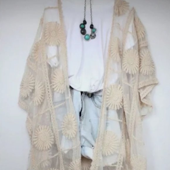 Accessories - Floral Handmade Crochet Embroidered Kimono Cardigan